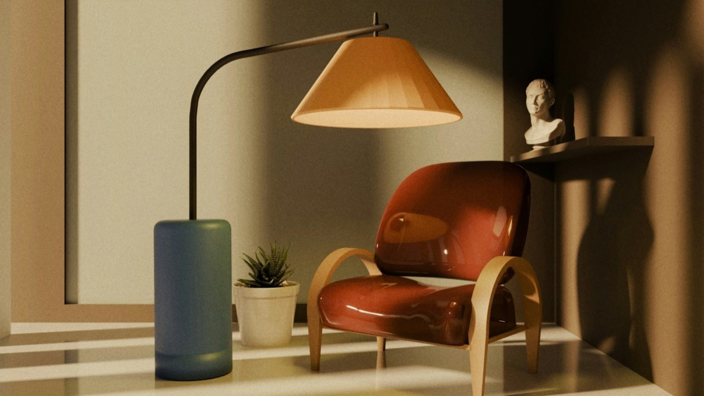 A vintage wooden armchair beside a floor lamp with a pleated shade