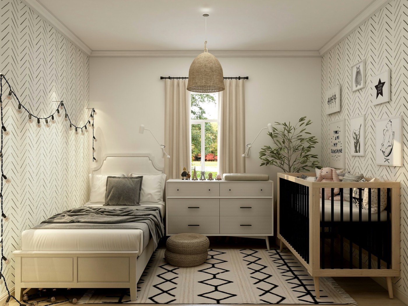 A child&rsquo;s bedroom with a cot, a small sofa and pale wooden furniture