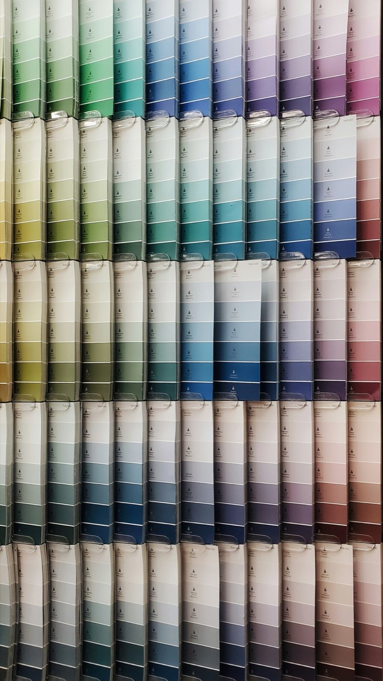 Rows of paint color strips from deep blue to pale cream