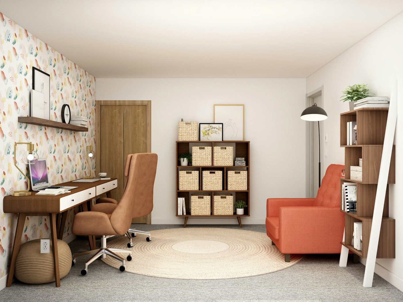 A study with a wooden desk under a window, an orange armchair and open shelving