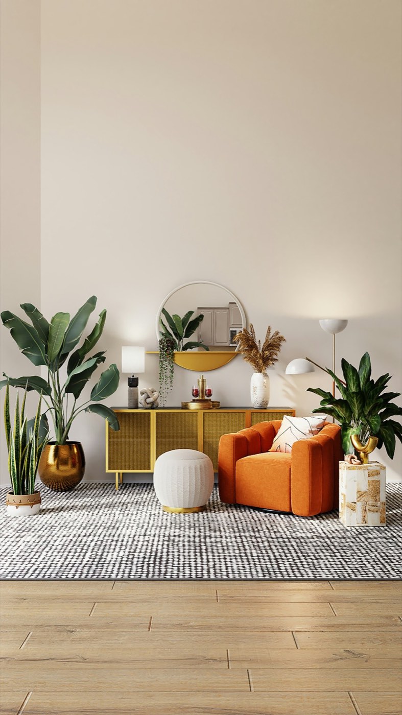 A living room with a rattan armchair, an orange cushion and tall plants beside a round mirror